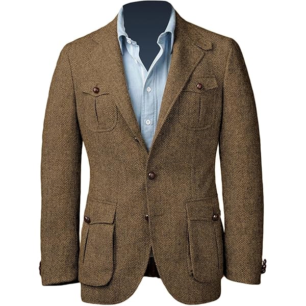 FIXRIMCH Men's Tweed Jackets Herringbone Peaked Lapel Three